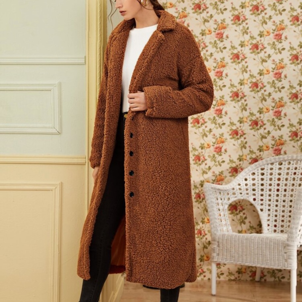 Solid Lapel Collar Longline Teddy Coat
